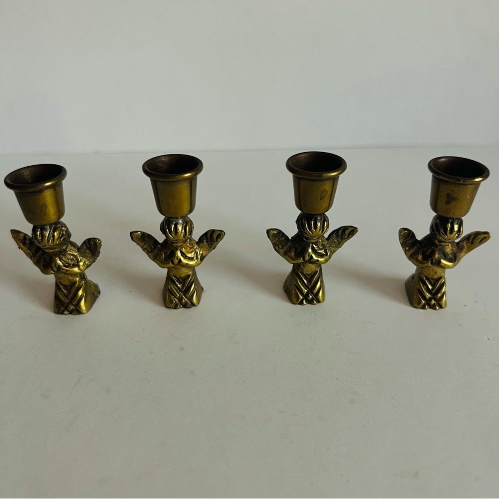 Vintage Angel Candle Holders / Four Brass Candlestick Holders.